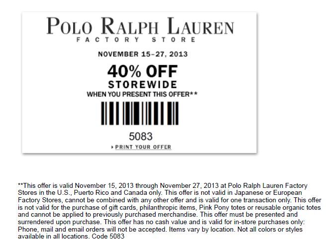 Canada (GTA): Polo Ralph Lauren Factory Outlet - 40% Off Coupon StoreWide (or US) - RedFlagDeals ...