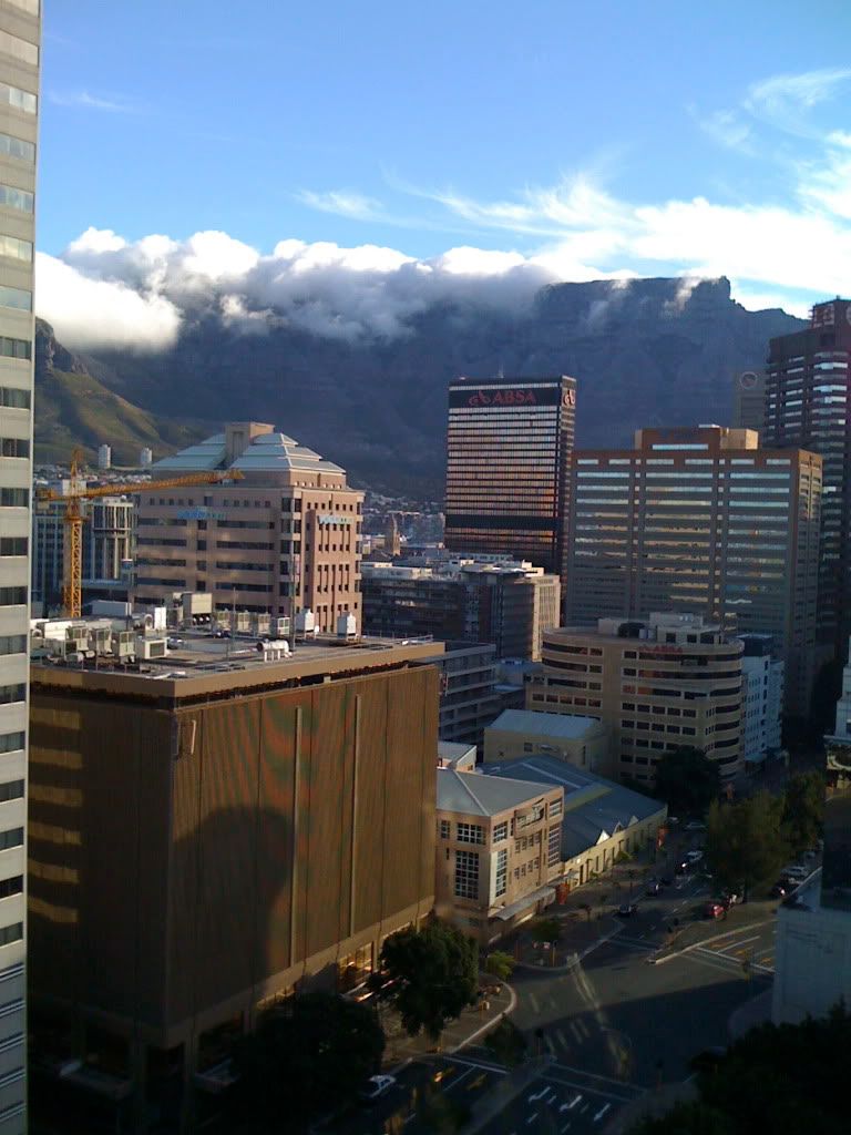 fog rolling over Table Mountain from our hotel in Cape Town
