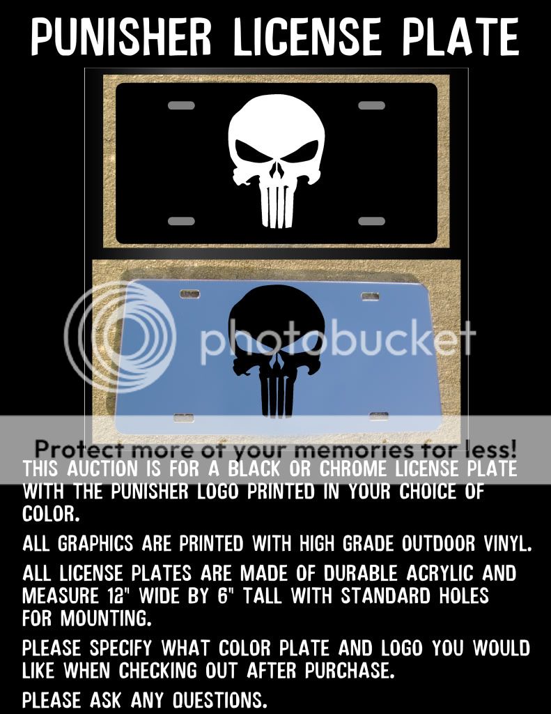Punisher Custom Black or Chrome License Plate Any Color